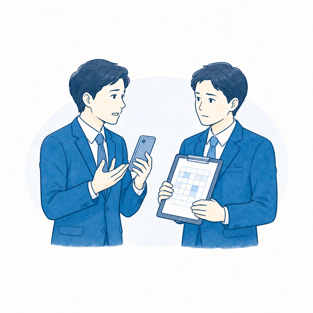 作業割当表を手に悩む若手スタッフと、腕を組むベテラン担当者のイラスト