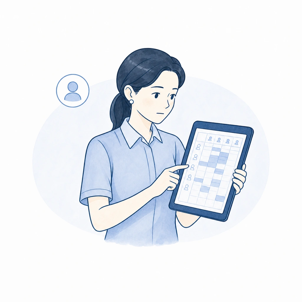 スマートフォンのカレンダーを見ながら勤務予定を確認するスタッフのイラスト