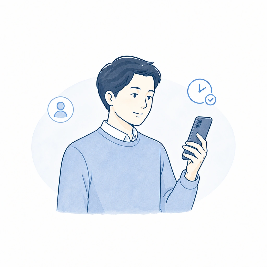 タブレットを手に売場を見ながら、作業実績を確認しようと考え込む店長のイラスト