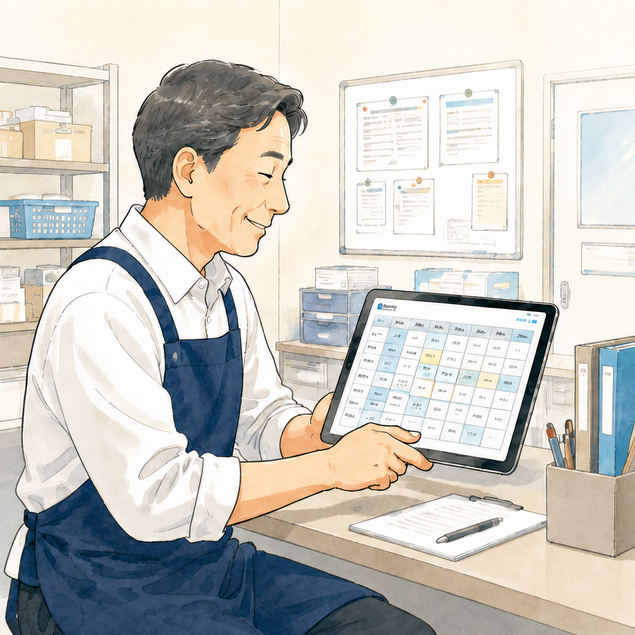 タブレットで完成した勤務シフトを確認する現場の店長